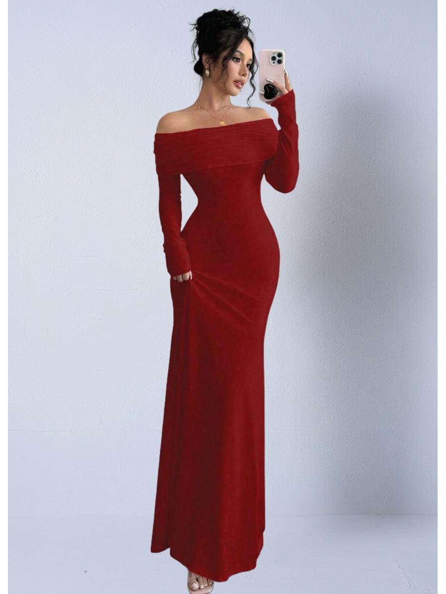 

European & American Spring Satin Silk Off-Shoulder Stretch Dress XS вина червоного кольору