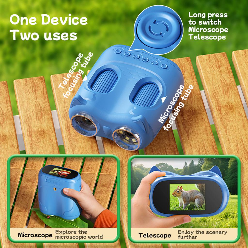 2-In-1 Binoculars Kids Microscope with 2 Inch IPS Screen Digital Microscope Educational Science Birthday Gifts for Girls Boys