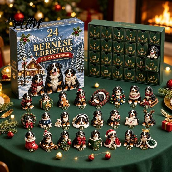 Interaktives Feiertagsspiel Shih Tzu Adventskalender, 24-Tage Countdown Spielzeug-Set mit Mini-Hundefamilie zu Weihnachtsfiguren, Baumhänge-Dekoration, Geschenk
