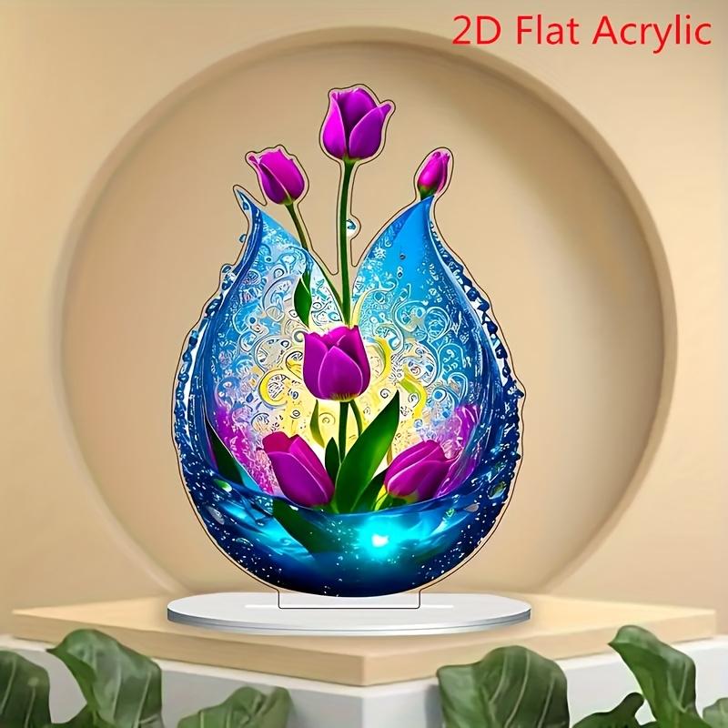 Purple Tulip Acrylic Flat 1/2pcs 2D Charming Flower Vase 4*6ins Decorative Tabletop Desk Bedroom Living Room Boys Girls Gifts