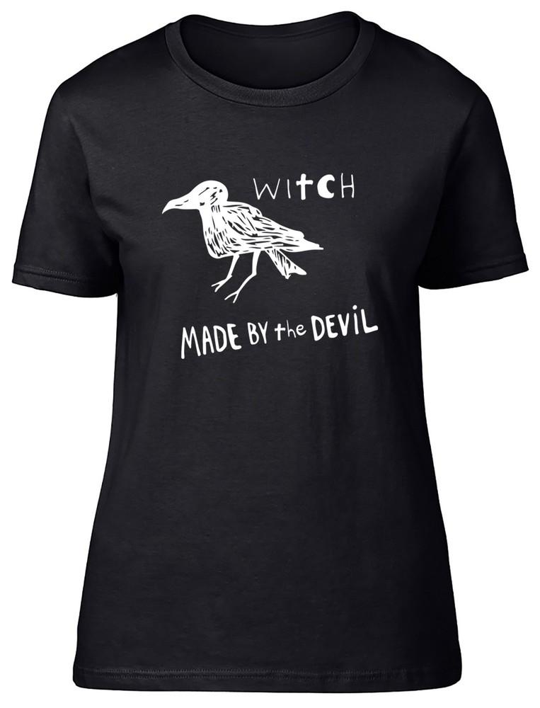 

Halloween Witch Black Crow Womens T-Shirt Made by the Devil Ladies Gift Tee S