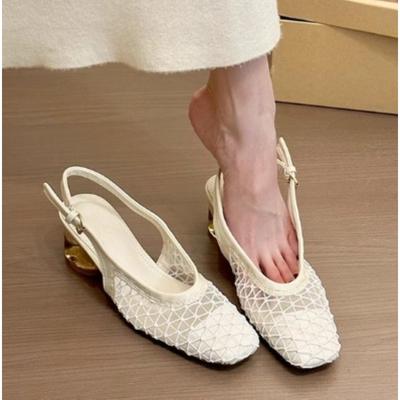 French Temperament Square Head Braided Bag Head Backspace Sandals Spring and Summer New Fashion Crystal Single Shoes Dark Brown