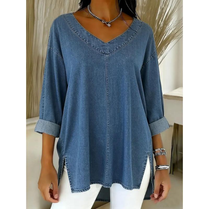 Women S Denim V Neck Long Sleeve Street Fashion Top