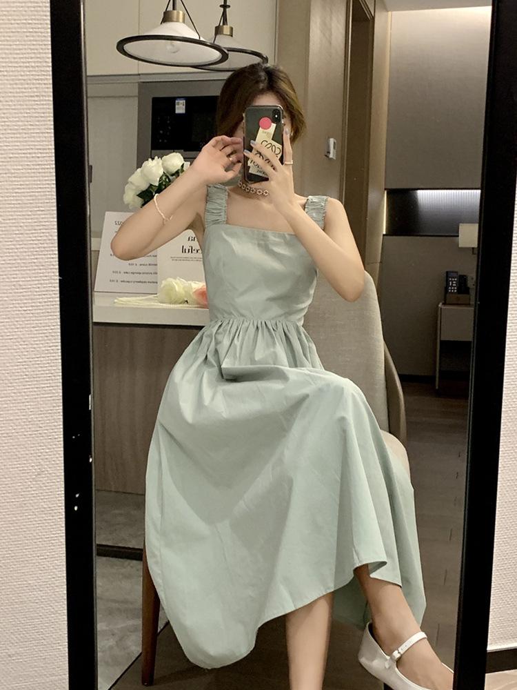 Elegant Solid Suspender Dress Women Fashion Square Neck Sleeveless Holiday Vestidos Casual Female Black Streetwear