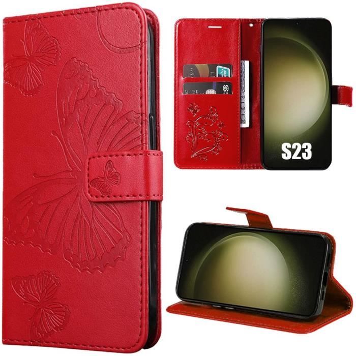 Coque pour Samsung Galaxy S23 - Rouge - Motif Papillon - Effet Cuir