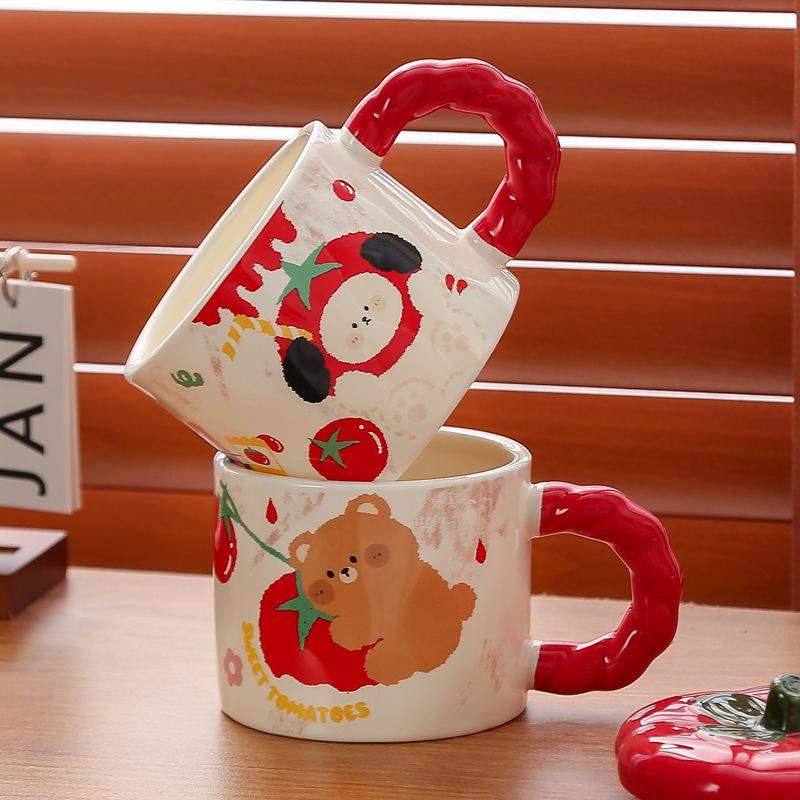 Cute persimmon mug with lid birthday gift souvenir high value coffee cup household girls ceramic cup