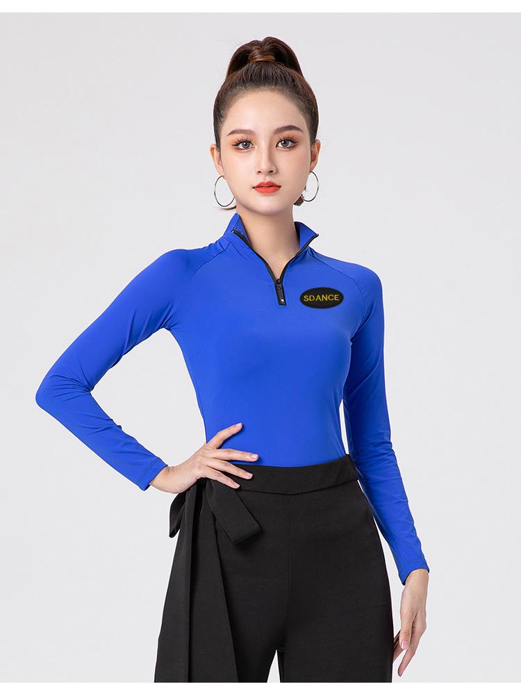 Women's Long Sleeve Zipper High Collar Latin Dance Tops for Autumn and Winter Training