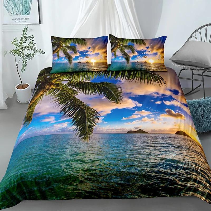 Tree And Sunset Duvet Cover Sets Landscape Mountain Tropical Trees Bedding Set Starry Sky Comforter Cover 2/3Pcs Queen King Size