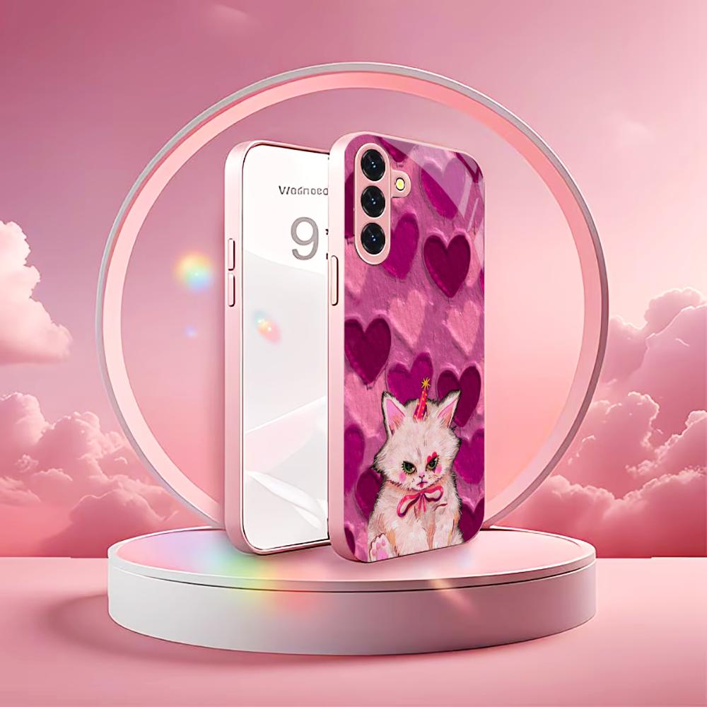 Kind-hearted Kitten Madam Pink Glass PhoneCase for Samsung Galaxy S26 S25 S24 S23 S22 S21 FE Ultra Plus Dropresistant Female