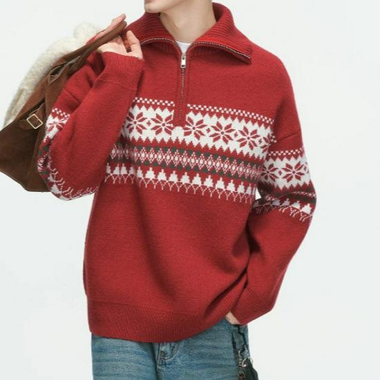 Pull Pullover Mi-Zip Unisexe Motif Flocon de Neige avec Col Montant en Laine d'Agneau