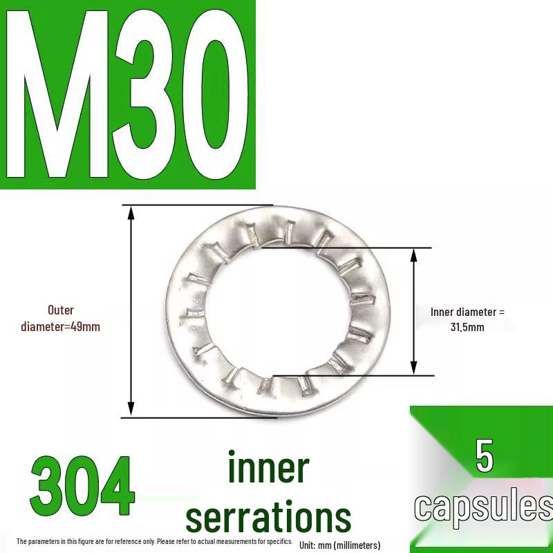 304 Stainless Steel External & Internal Tooth Lock Washer, Anti-Slip, Anti-Loosening, Size M6-M30