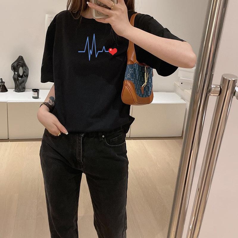 Trendiger EKG-Herz-Print Sommer Herren Damen Baumwolle Locker Rundhals Kurzarm Herren T-Shirts Herren