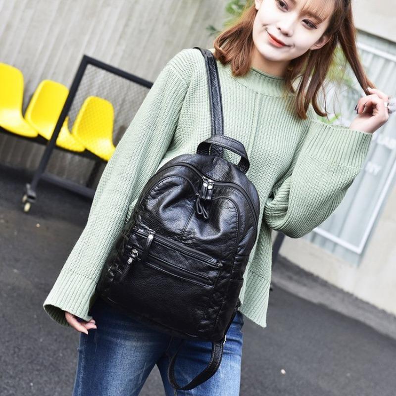 NIGEDU Damen-Rucksack aus weichem PU-Leder, Damen-Rucksack mit großem Fassungsvermögen, Schwarz, lässige Schultasche, Reisetasche, Tagesrucksack, Mochila