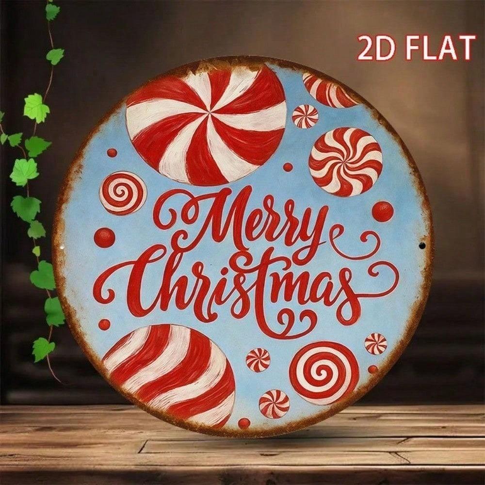 Retro Vintage Tin Sign 8x8 Inch, Christmas Candy Cane Wall Art, Merry Christmas Home Decor for Kitchen Bar Cafe