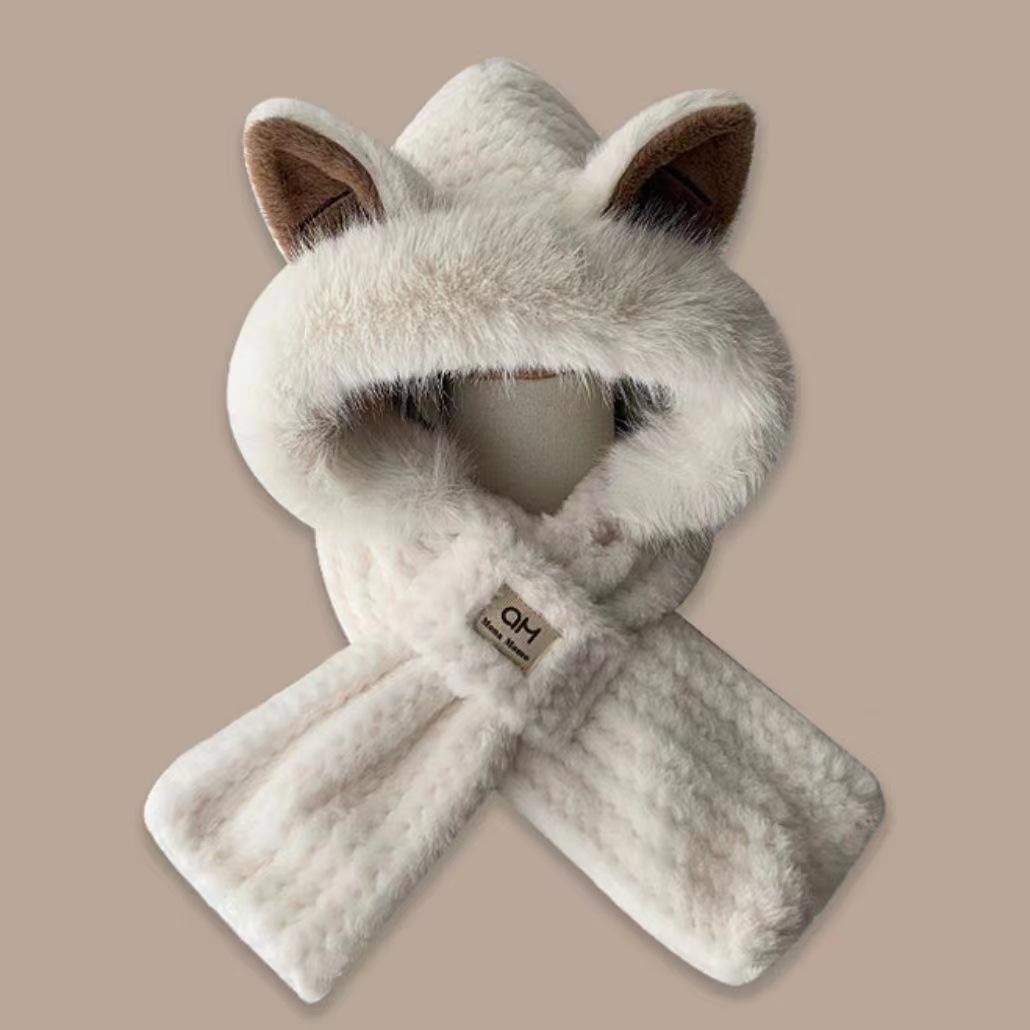

Women s hat and scarf combo, plush hat, warm and thick, anti-freeze, windproof, hooded neck warmer, Korean style, cute Water Ripple（Beige）