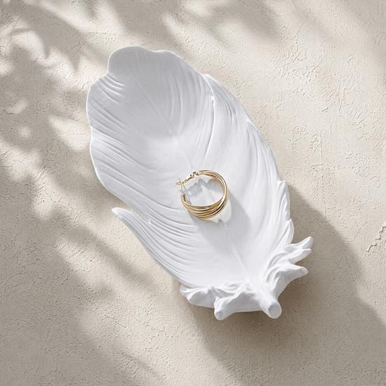 White Feather Jewelry Tray, Plaster Feather Trinket Dish, Decorative Wing Jewelry Dish for Earrings Necklaces Bracelets Dressing Table Decor