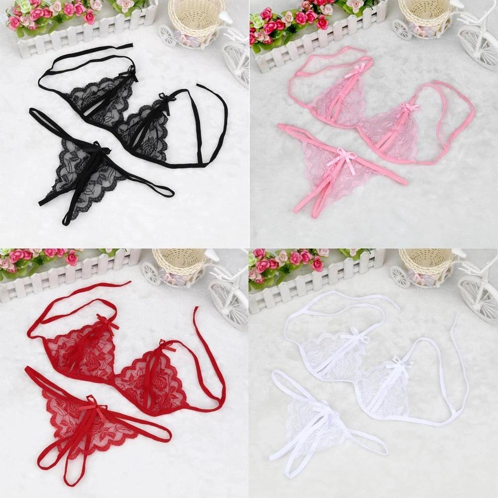 Sexy Women Lady Lingerie see through Lace Underwear Sleepwear lace up bra +Open Crotch G-string Erotic set For Woman