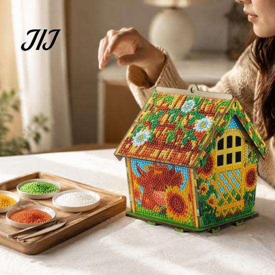 Artigianato da scrivania fatto a mano Kit Pittura con strass Casa di Natale 3D, Set Artigianale Fai da te Capanna Girasole in Legno, Ornamento Artistico Artigianale per Decorazione