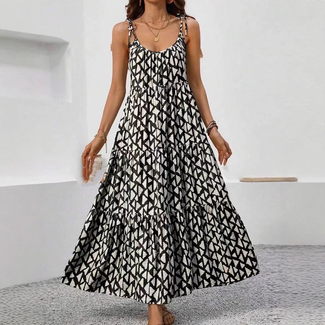 

QICED Лето-весна без рукавов подтяжки женское треугольный принт халтер платье торт юбка XXL чёрный