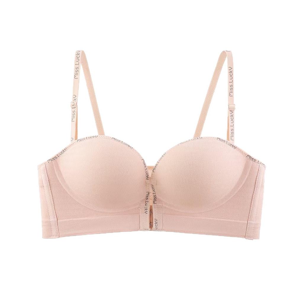 Gather Front Button Bra Female Sexy Detachable Letter Shoulder Straps Bra Top Support Anti Slip Lifting Bra