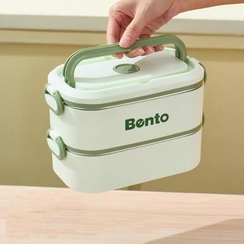 Nishida Stainless Steel Insulated Lunch Box, Leak-Proof, with Handle, Carry-Around Bag, Includes Chopsticks and Spoon (Brown, 2 Tiers)