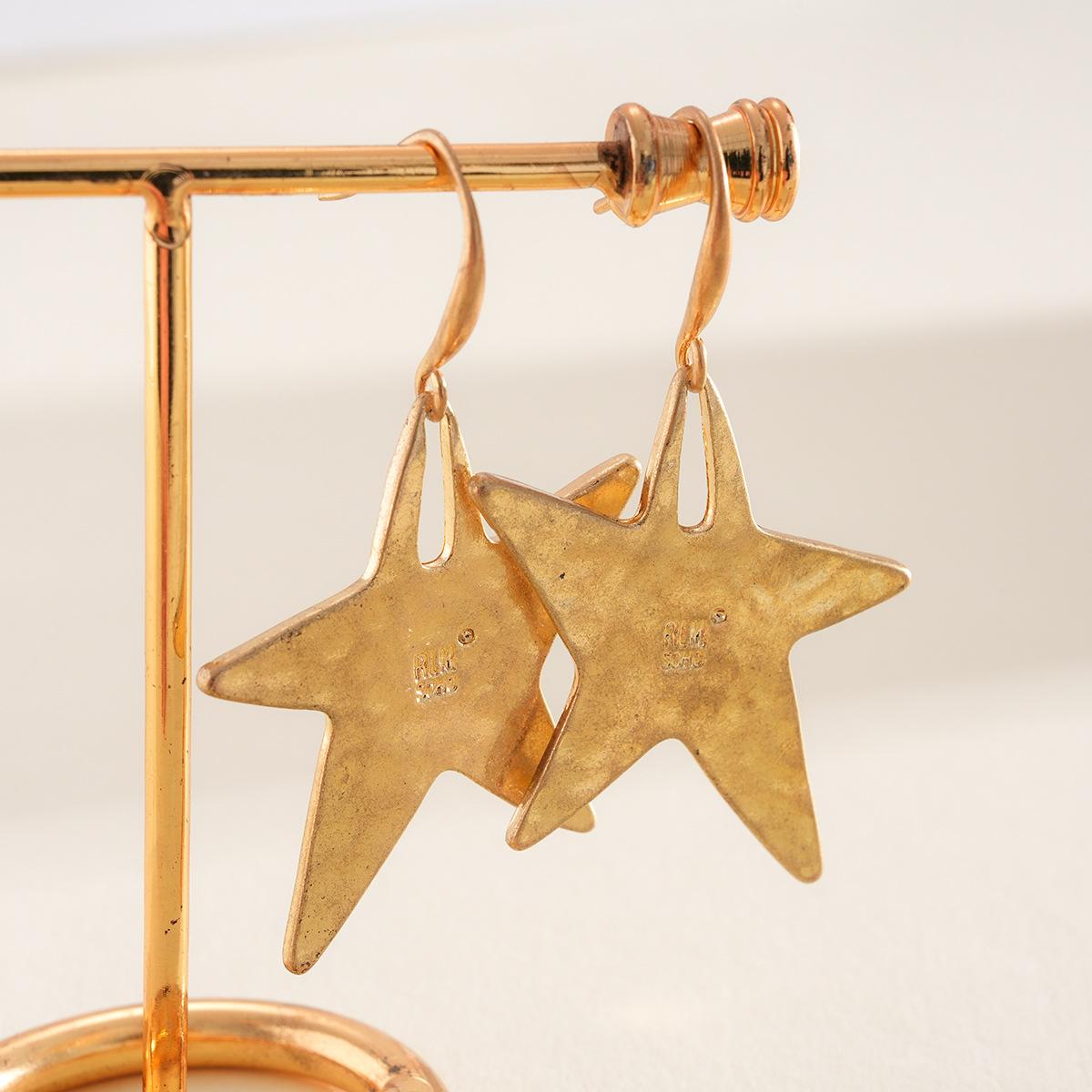 Vintage Metallic Matte Large Star Shaped Drop Earrings for Women Men Geometric Hammer Texture Earrings Hook Jewelry Accessories