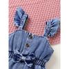 2pcs Set Of Elegant, Sweet, And Cute Little Girl'S Neat Color Pit Stripe T-shirt And Butterfly Print Ruffled Denim Jumpsuit Suitable