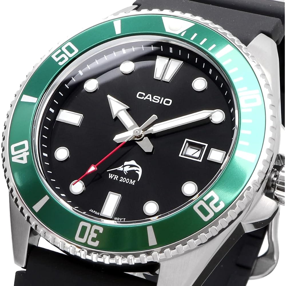 Casio Standard Analog Sports Watch 20 ATM Water Resistant Green Bezel Men's MDV-106B-1A3V with Urethane Band