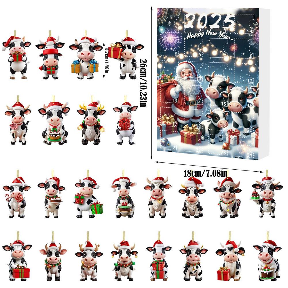 Cow Christmas Calendar 24 Days Cartoon Animal 2D Acrylic Hanging Ornaments Festive Countdown Calendar Christmas Tree Decorations