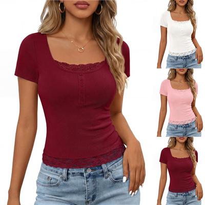 Women’s Short Sleeve Ribbed Knit Top with Lace Trim Square Neck Button Front Fitted Stretchy T Shirt