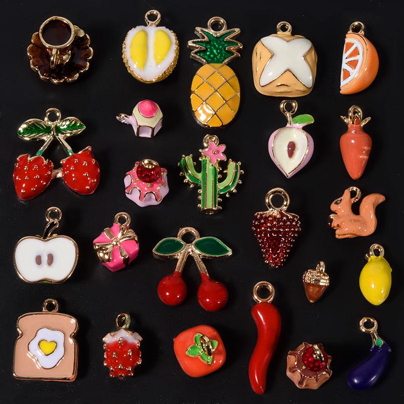 6pcs/Lot 3D Vegetable Fruit Oil Drop Charms For Jewelry Making Supplies Cherry Durian Cute Pendant Handmade Bracelets Materials