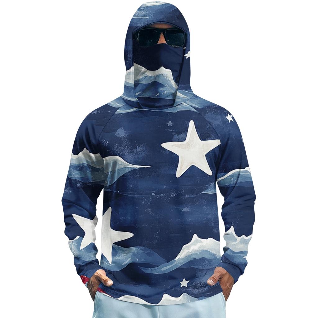Men's Long Sleeve Quick Dry Hoodie Shirt with Flag Print Lightweight UV Protection Fishing Fitness Sports Top for Outdoor Activities