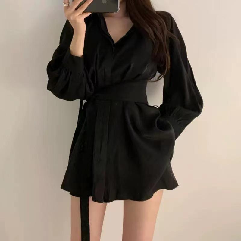 French-Inspired Lantern Sleeve White Shirt Dress for Women - Waist-Cinching, Mid-Length, Perfect for Spring and Autumn.