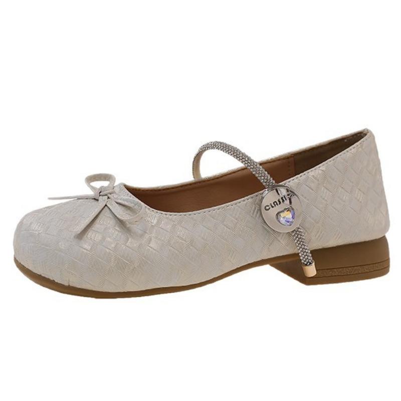 Bow light mouth single shoes women's new summer with skirt round head thick heel one-word buckle Mary Jane shoes
