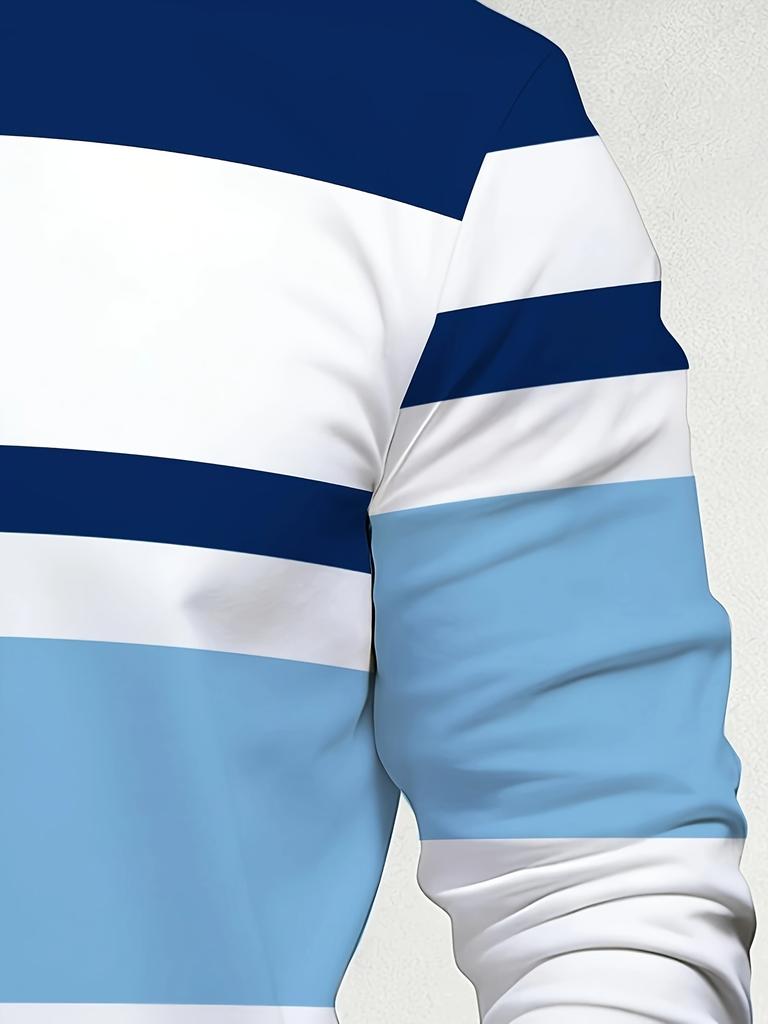 Men Autumn Winter Long Sleeve T Shirt Blue White Color Block Stripe Print Round Neck Casual Daily Wear Men's Clothing