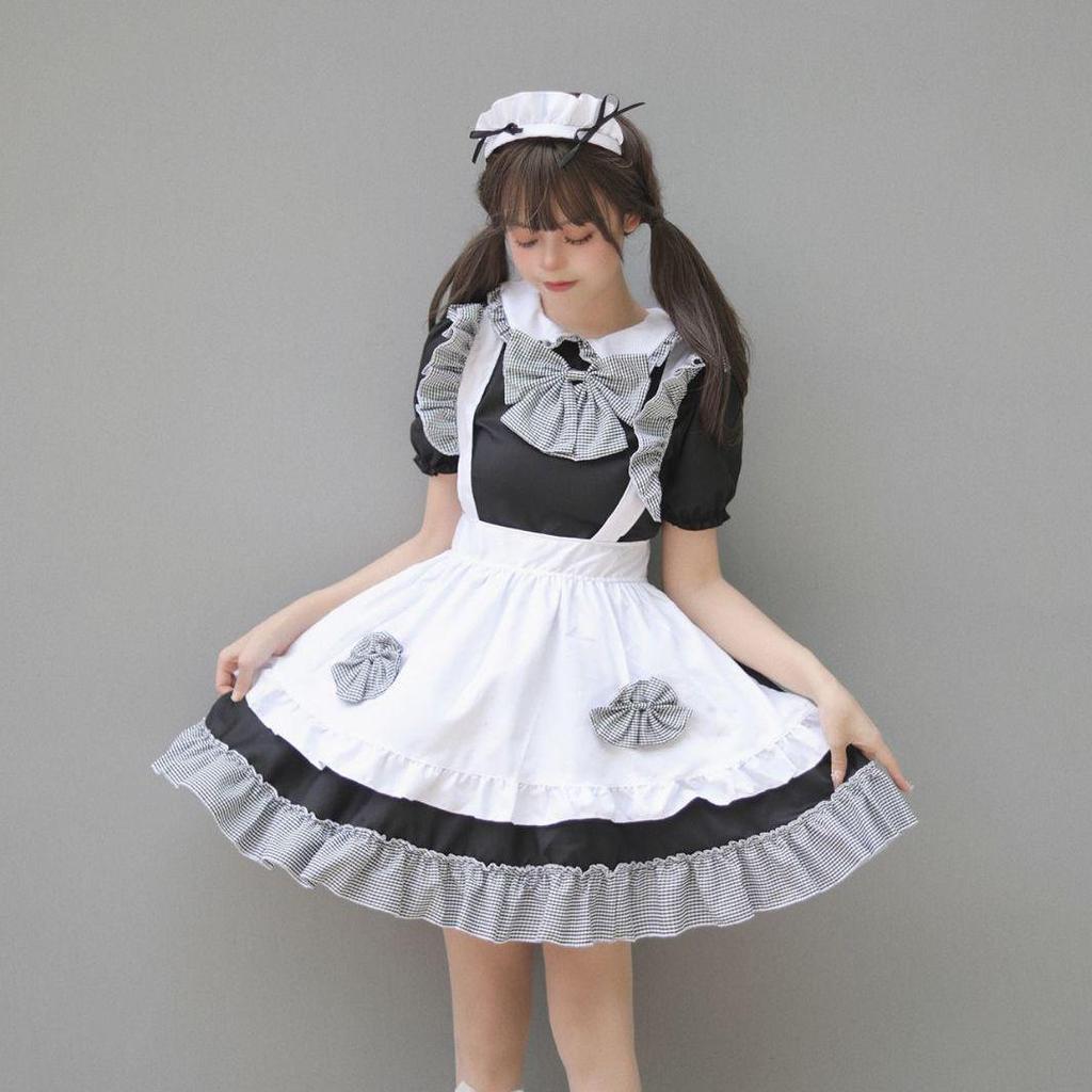 Cosplay Anime 4-Piece Maid Outfit - Cute Black & White Checkered Princess Dress with Bow