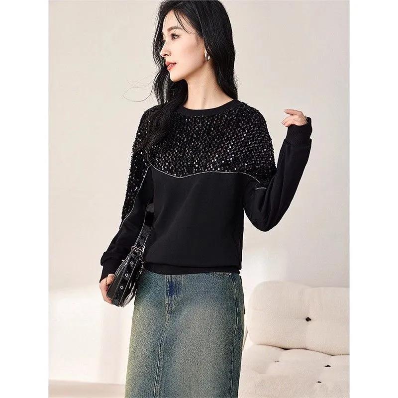 Korean Version Spring Autumn New Style Fashionable Crew Neck Sequin Patchwork Sweatshirt Long Sleeve Unique Pullover Top