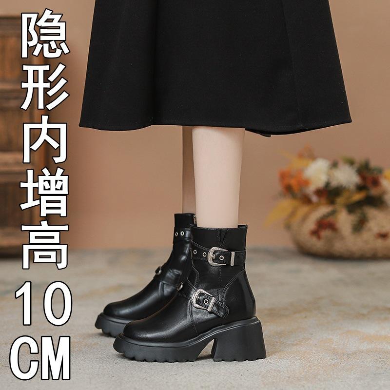 Inner height increase small Martin boots women's autumn and winter velvet retro western boots belt buckle medium tube locomotive short boots