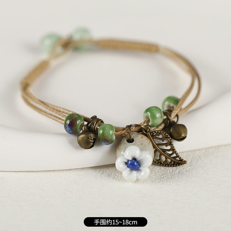 Retro ceramic flower woven bracelet niche literary hand rope small fresh bell bracelet female