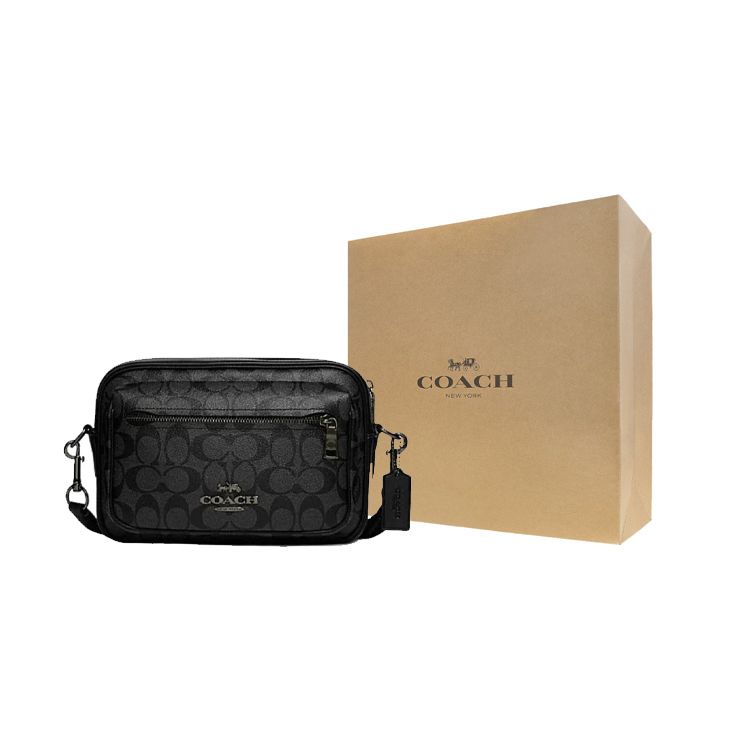 Coach Elise 25 Solid Color Letter Logo Zipper Classic Monogram Coated Canvas And Leather Crossbody Bag Men Crossbody Bag Black CJ510-QBO4G