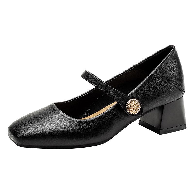 Genuine Leather Chunky Heel Mary Janes - Low-Cut, Soft Sole & Upper for Casual Wear in Spring & Autumn
