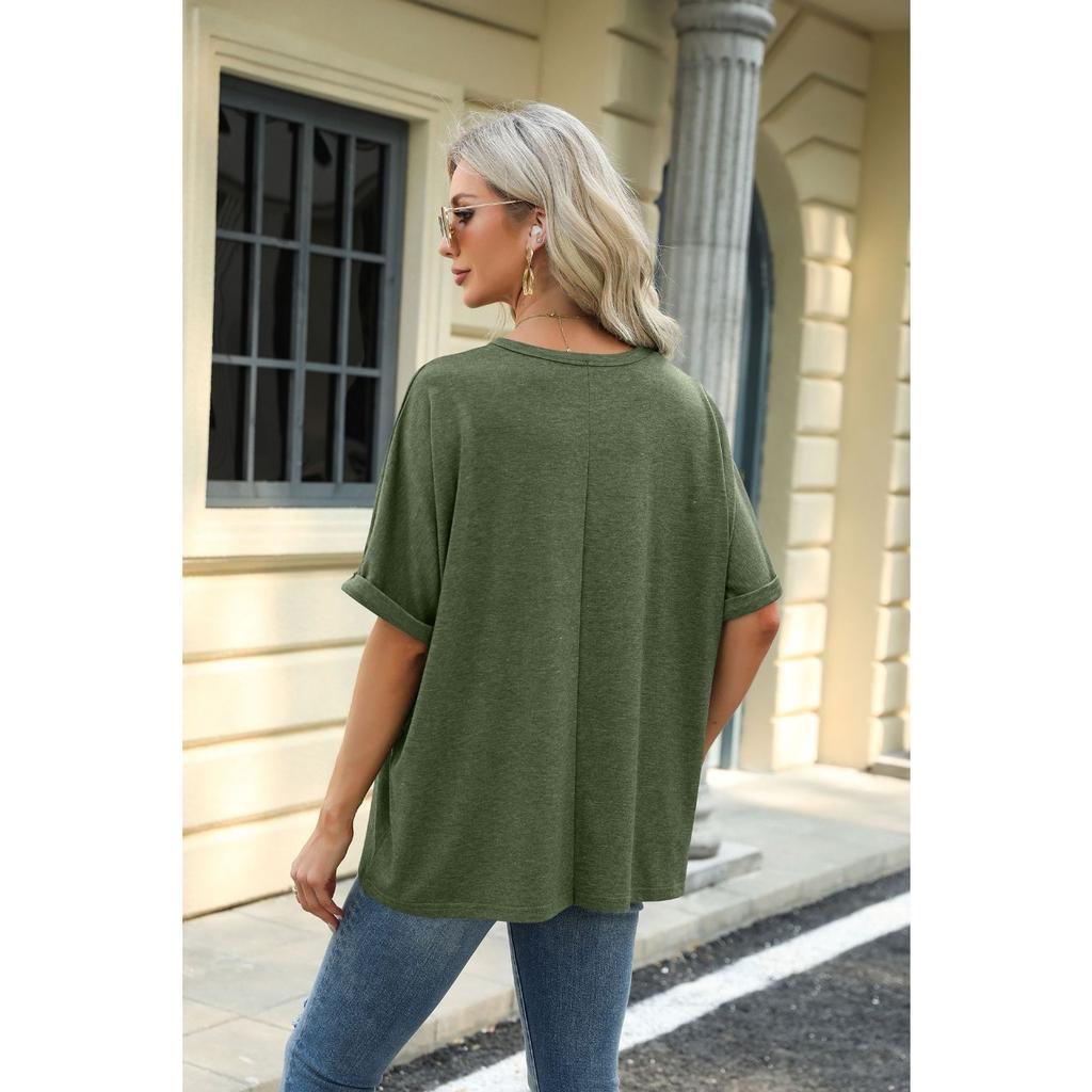HNXC Spring Summer Solid-color Round-neck Loose Short-sleeved T-shirt Top for Women