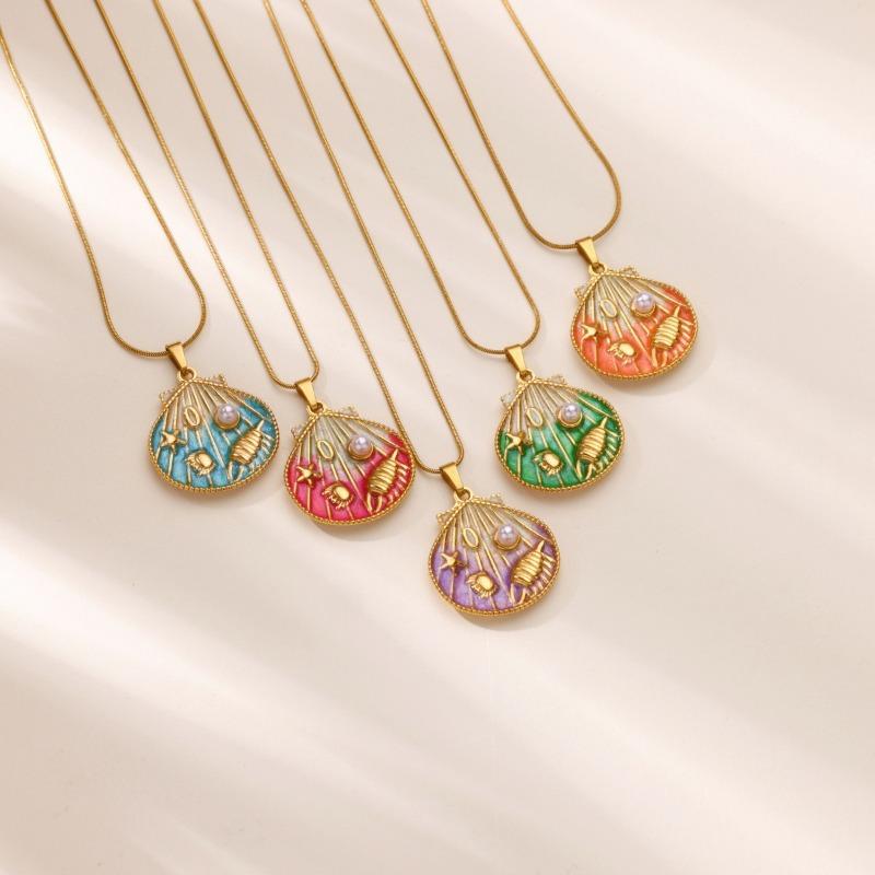 Ocean Series Turtle Starfish Shell Conch Titanium Steel Necklace Oil Drop Pendant Women's Clavicle Chain Summer Beach Accessories