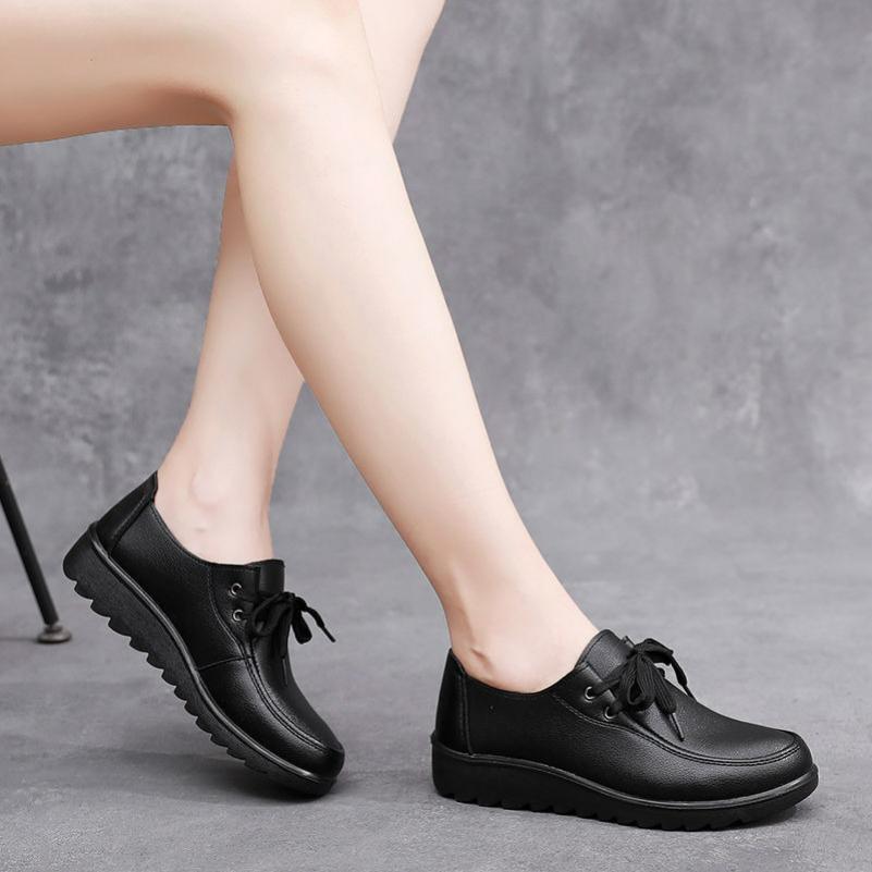Retro Lace-up Women's Shoes, Comfortable Flat-bottomed Single Shoes, Casual Soft Leather Work Shoes, Autumn and Winter Peas Shoes