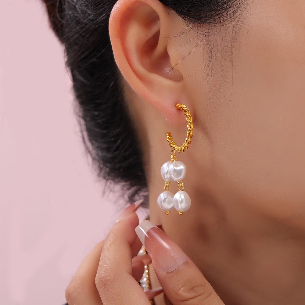 Bohemian Twist Faux Pearl Earrings: Elegant 18k Gold-Plated Titanium Steel Studs