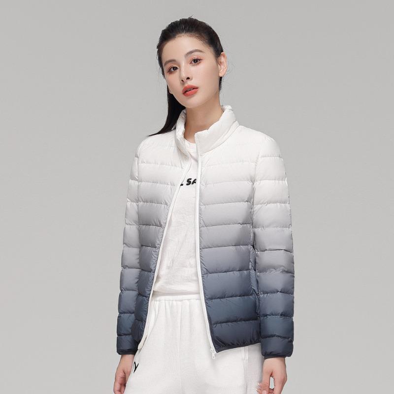 Autumn and winter new down light down jacket women's stand-up collar hooded gradual change color large size white duck down