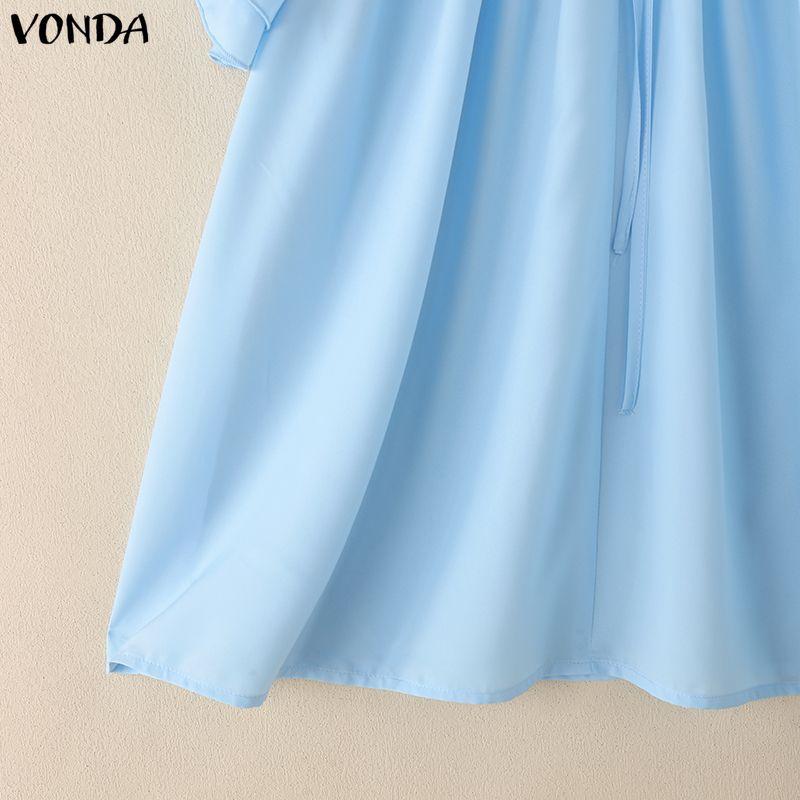 VONDA Women Summer Casual Round Neck Short Sleeve Ruffled Pleating Blouse