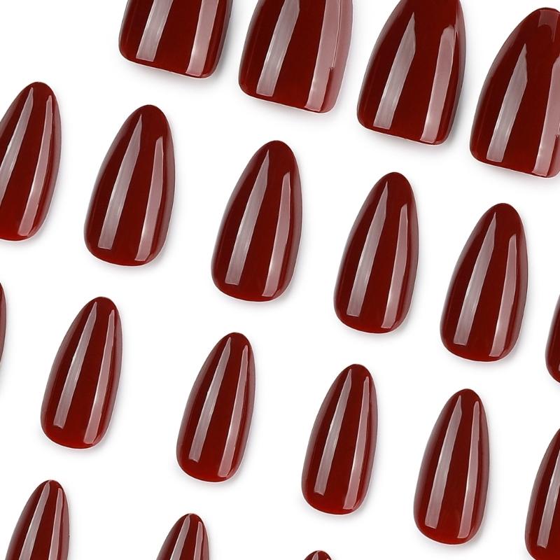 Stick On Nail Wine-Tone Press-On Fingernail Covers, Almond Form Reflective ABS Set for At-Home Manicure Styling with Uniform Color Result
