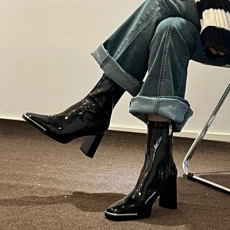 Fashion Short Boots Women's Autumn New Versatile Metal Square Toe Patent Leather Block Heel Short Tube Skinny High Heel Skinny Boots