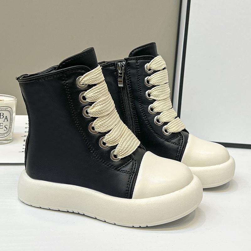 Fashion Vintage Designer Children Shoes  Fashion High Top Platform Black Leather Casual Girl Boy Chunky Sneaker